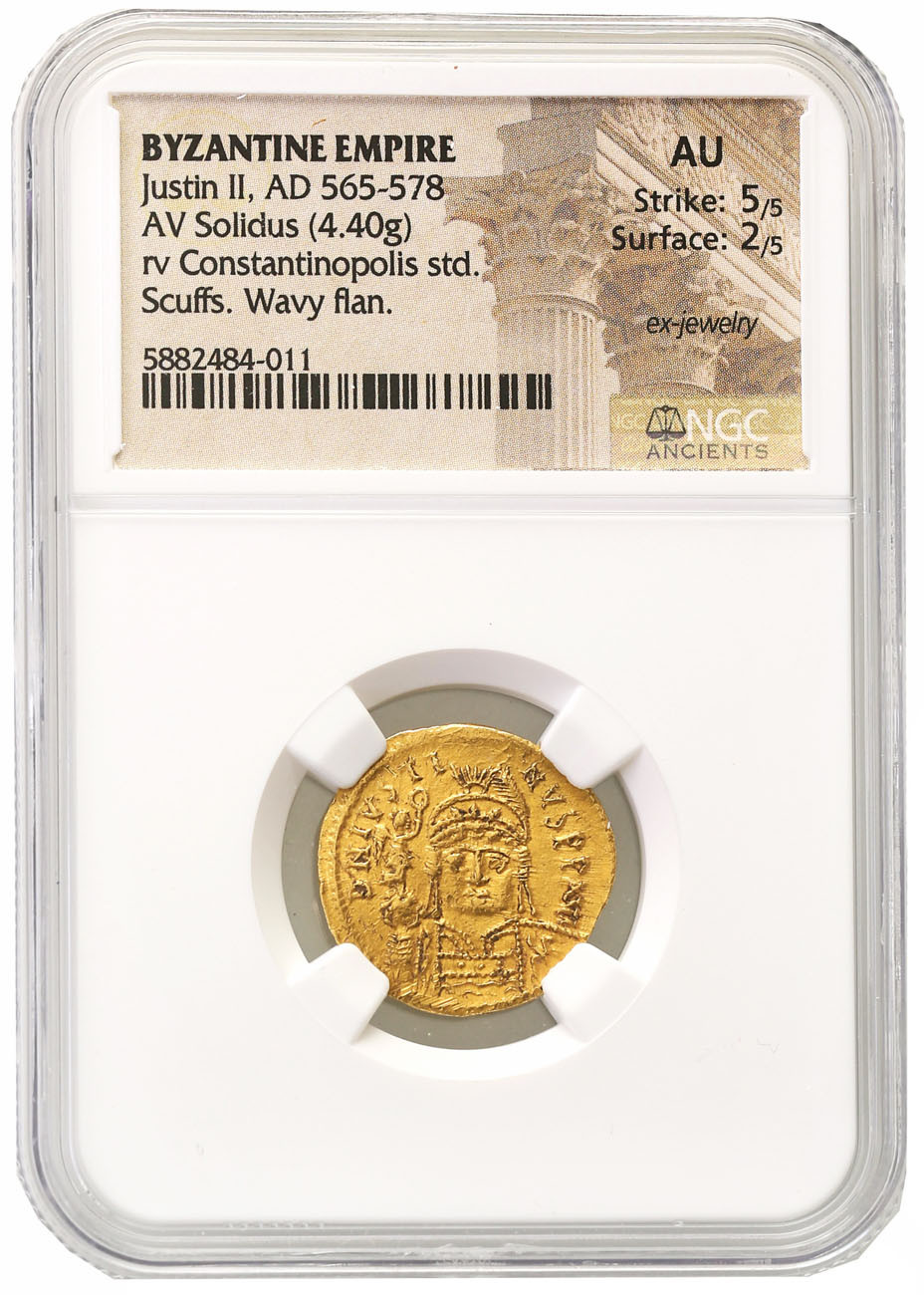 Bizancjum. Justin II (565-578). Solidus 567-578, Konstantynopol NGC AU 5/5 2/5